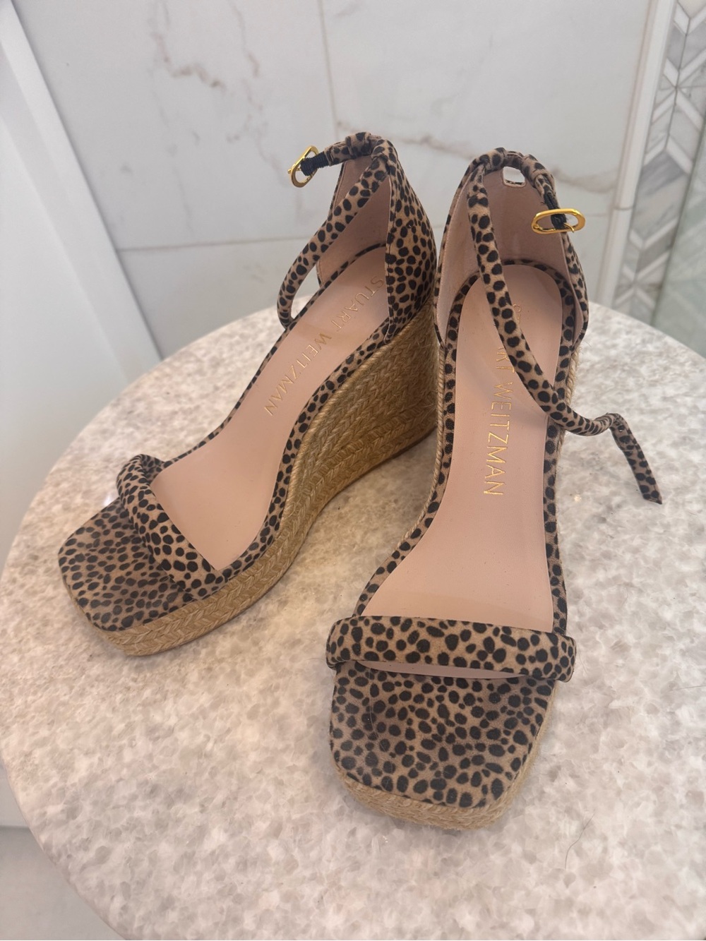 Stuart Weitzman Leopard Print Espadrille Wedge Sandals - Tan/Black